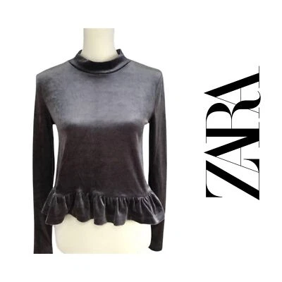 $26 • Buy NEW Zara Collection Soft Velvet Long Sleeve Peplum Top Gray Size Women's M