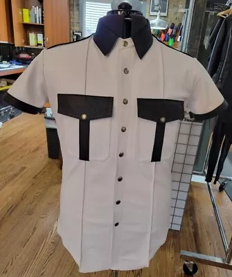 Men's Real Lamb Leather Police Uniform Sexy Short Sleeves White & Black Shirt • $100