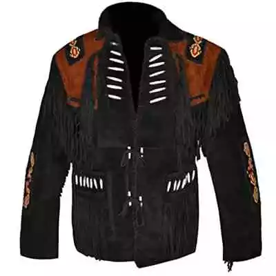 Men Native American Cowboy Leather Jacket Fringe & Beads Western Suede Jacket • $119.99