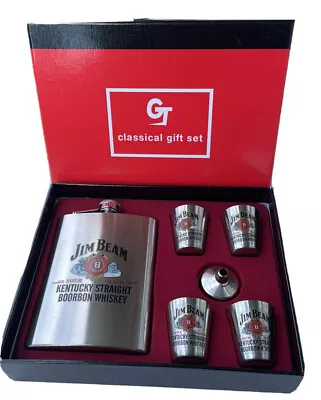 Jim Beam Hip Flask & Shot Glasses Stainless Steel With Funnel Gift Box 8oz 236ml • $24.95