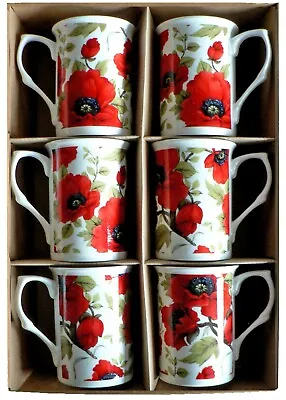 £23.99 • Buy Poppy Bone China Mugs - Set Of 6 Gift Boxed - Box Of 6 Each Slightly Different
