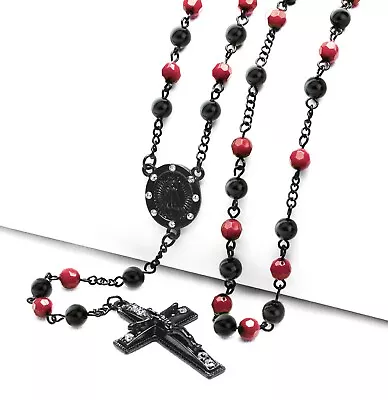 Men's Black Red 6mm Bead Guadalupe & Jesus Cross 28  Rosary Necklace HR 600 KKRD • $7.99