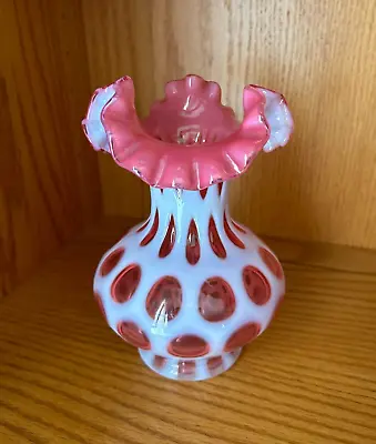 Vintage Fenton Vase Cranberry Glass Opalescent Coin Dot Pink Ruffled Top • $55