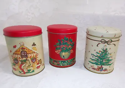 1980s Vintage Lot 3 Christmas Tin Holly Jingle BellTREE GINGER COOKIE Canister • $29.25