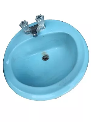 Vtg 1970s  Fresh Powder Blue Baby Blue Cast Iron Drop In Bathroom Sink • $230