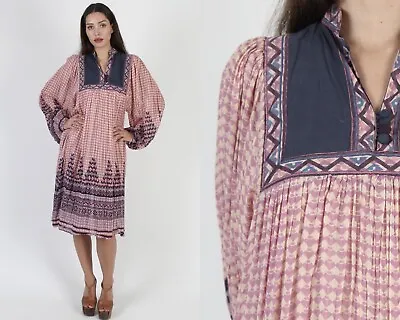 Vtg 70s Kaiser India Hippie Dress Block Print Gauze Caftan Balloon Sleeve Mini • $170