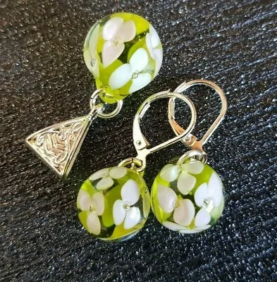Set Pendant & Earrings Transparent Apple Green With Flowers Inside Murano Glass • £34.50