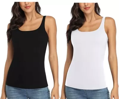 Womens Scoop Neck Sleeveless Ladies Long Stretch Plain Vest Strappy T-shirt Top • £3.96