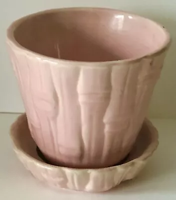 VINTAGE Brush McCOY POTTERY Medium Pink Bamboo Bark FLOWER POT ATTACHED SAUCER • $29.95