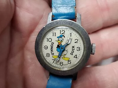 Disney Bradley Donald Duck Swiss Watch Vintage 70s Birthday Blue Leather • $47