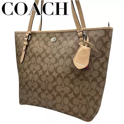 COACH Signature PVC Leather Tote Bag Brown/Beige Large A4 Charm Boat Shape • £145.90