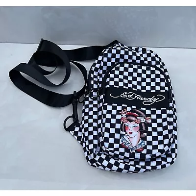 Ed Hardy Geisha On Checkerboard Black White Nylon Sling Backpack Bag 11 X8  • $26