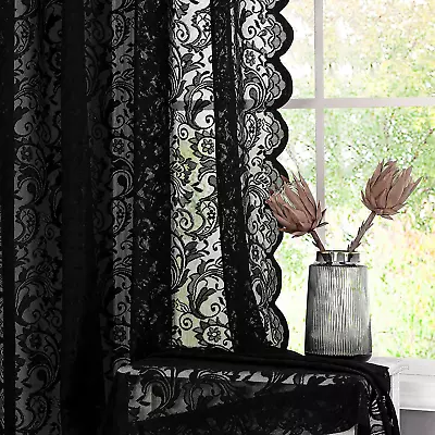 Black Sheer Lace Curtains 84 Inch Vintage Floral Sheer Window Curtain Panels • $40.33