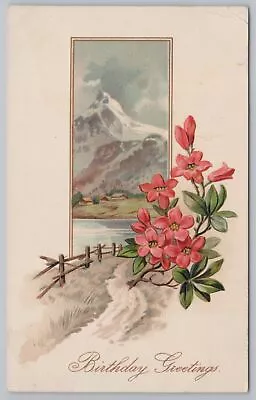 Greetings~Birthday~Red Flowers~White Capped Mountain In Background~1912~Vtg PC • $1.35