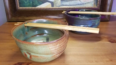$28 • Buy Unique Studio Pottery Ramen Bowls With Bamboo Chopsticks, Never Used.