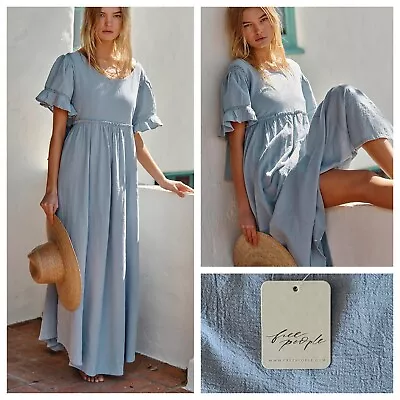 Free People La Vie Bow Maxi Flutter Sleeves Dress Rainday Blue XS - NWT $118 • $59.99