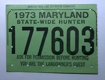 1973 Maryland Resident State Wide Deer Hunting License Back Tag...Free Ship! • $7.95