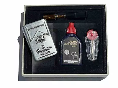 Marlboro Windproof Oil Lighter Gift Box Set Fuel Flints Filter Antique Silver • $47.45