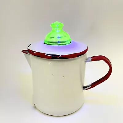 Vintage WHITE Enamelware Coffee Pot Uranium Glass Lid UV GLOW Percolator Red • $80