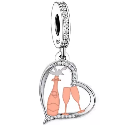 Sterling Silver 925 🌸 Champagne Flutes Celebration Heart Charm & Gift Pouch • £16.99