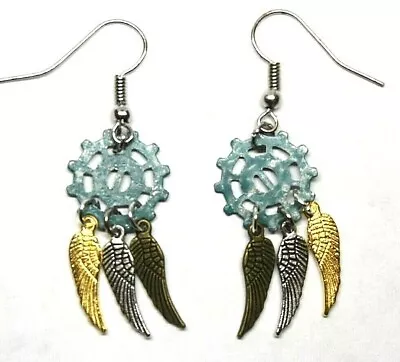 Steampunk Earrings Wings Gears Dangle Hooks Blue Metallic Punk Jewelry Handmade • $4.98