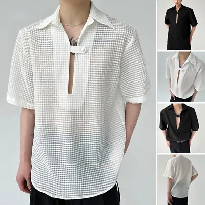 S-5XL Men's Short Sleeve V Neck Shirts Casual See Through T-Shirt Tops Blouse • £13.29