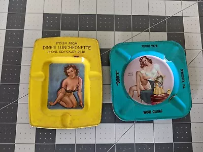 Set Of 2 Vintage Pinup Girl Tin Metal Ashtrays From Dink's Swickley PA • $49.99