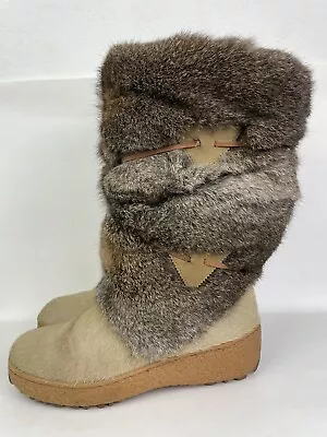 Oscar Vera Gomma Boots Goat Rabbit Fur Italian Handmade Shearling Women Sz 10 • $250