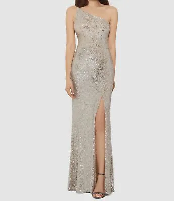 $259 Xscape Women's Silver One Shoulder Sleeveless Sequin Gown Dress Size 10 • £70.14