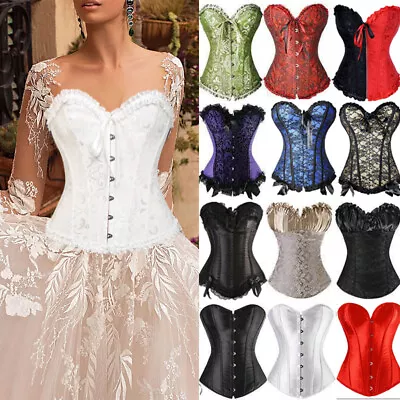 Women Sexy Overbust Boned Corset Burlesque Basque Top Lace--Up Costume Size 6-24 • £15.79