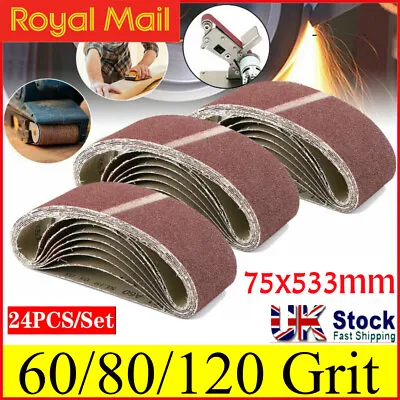 24Pack Sanding Belts 75X533 Mm Mixed Grade 60 80 120 Grit Bosch Makita Sander UK • £11.98