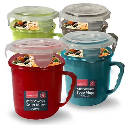 4 Microwave Soup Mug 700ml Food Porridge Bowl Cup Container Airtight Clip Lock • £9.99