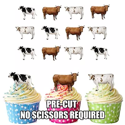 PRECUT Farm Animals Cow 12 Edible Cupcake Toppers Cake Decorations Birthdays • £3.99