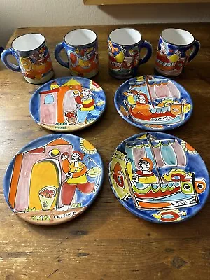 Vintage La Musa Italian Pottery Plates - Fish Market - 8 Inch - 4 Mugs Set Of 8 • $249