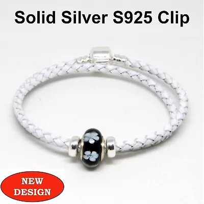 Double Leather Bracelet With S925 Silver Clip Stoppers & Murano Charm In White • £14.99