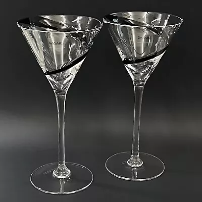 Set Of 2 Sasaki Handmade Blown JUMBO TALL Black Swirl Martini Glasses 11  • $39.95