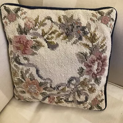 Small Vintage Needlepoint Cushion Floral Velvet Backed 10” X 10” • £12