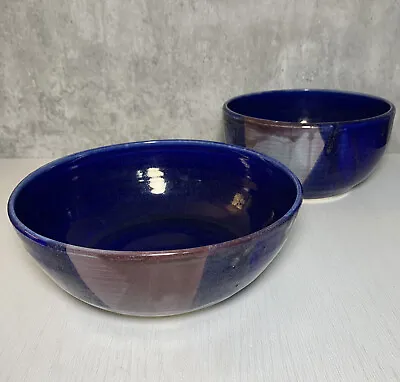 $28 • Buy Set Of 2 Studio Art Pottery Cobalt And Pink Glaze Wheel Thrown Serving Bowls 7 