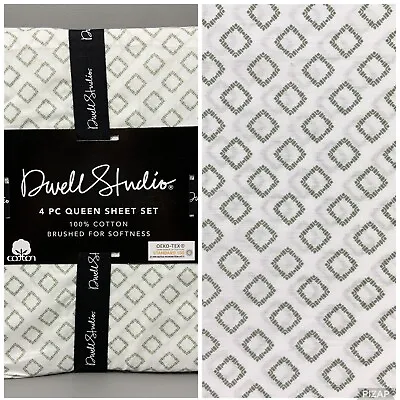 Dwell Studio QUEEN 4-pc Cotton Sheet Set Extra Deep White & Sage Green Diamonds • $75.99