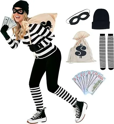 Women`s Burglar Costume Ladies Bank Robber Convict Fancy Dress Halloween S - 2XL • £27.99