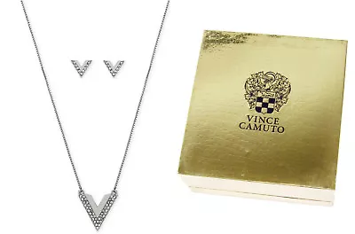 $65 VINCE CAMUTO Silver-Tone Pave V Necklace & Earrings Set In GIFT BOX NEW • $19.95