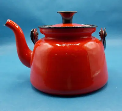 Vintage Red Enamel Teapot #14 Made In Poland Black Metal Handle Very Cute! • $26.99