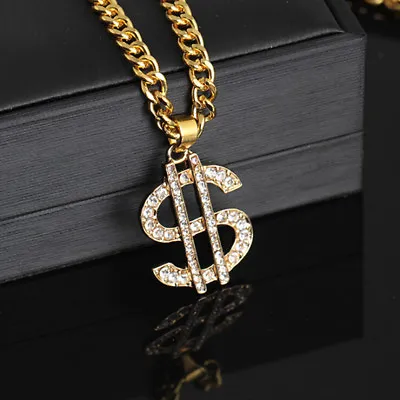 Gold Plated Crystal Dollar Sign Pendant Necklace Gangster Pimp Hip Hop Chain YK • £4.72