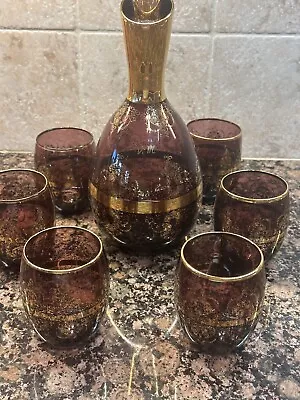 Venetian Murano Italian Hand Blown Gold Trim Wine Decanter 6 Glasses Made 1988 • $125