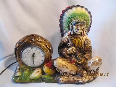 Vintage Lanshire Chalkware Electric Clock Indian Native American Chief Peacepipe • $19.99