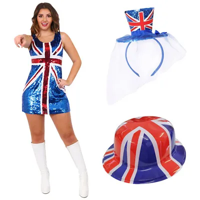 Ladies Union Jack Sequin Dress Choose Hats Great Britain Costume Fancy Dress • £20.99