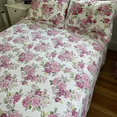 Laura Ashley Pink Rose Floral Cotton Coverlet Bedspread Double Quilt And 2 Shams • £52.26