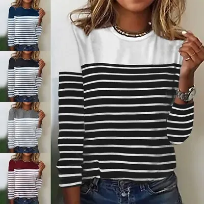 Womens Long Sleeve Striped T Shirt Tops Ladies Casual Baggy Colour Block Blouse • £11.99