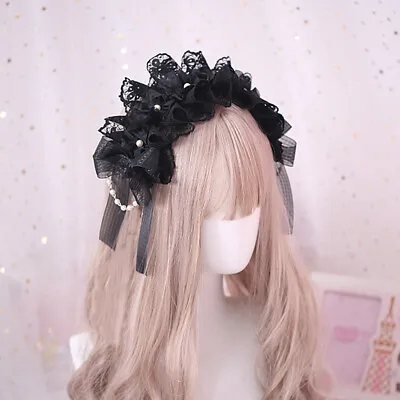 Women Girl Lolita Headband Lace Bead Bowknot Headwear Gothic Maid Cosplay Black • $17.62