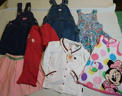 LOT 7 VTG GIRL CLOTHES 90s DRESS ROMPERS SKIRT BIBS GIRL'S 4-6X OSHKOSH DISNEY • $68.39